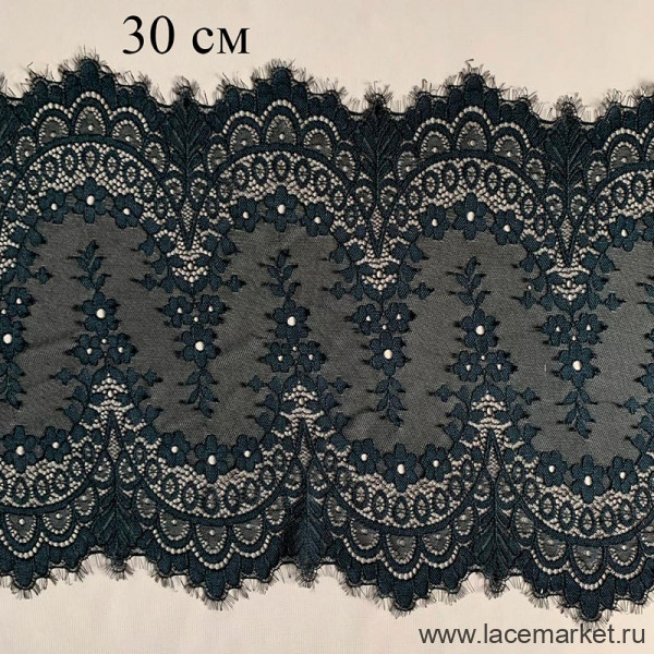 Черное эластичное кружево с ресничками шантильи 30 см, 1 м (001-053-901)