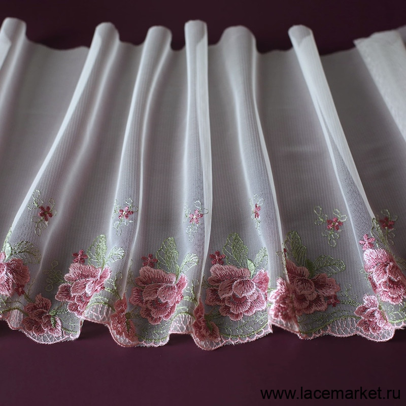 Белая неэластичная сетка с цветочной вышивкой 23 см, 1  ОСТАТКИ/ЛОСКУТЫ (001-059-102)