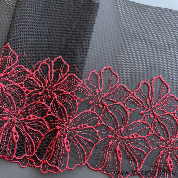 Кружево вышивка на сетке черное с красным 20 см (левая), 1 м (001-250-201)