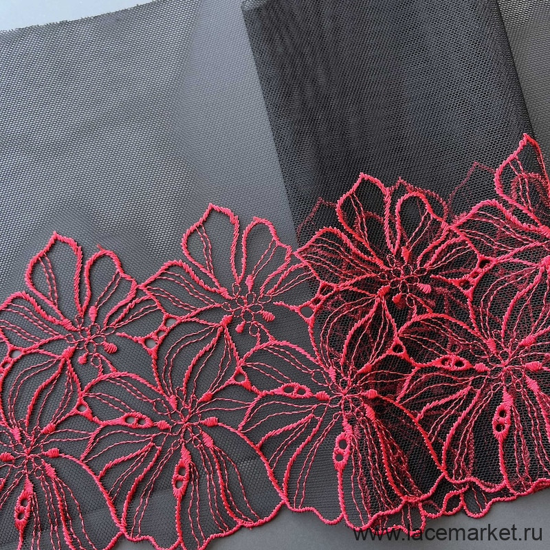 Кружево вышивка на сетке черное с красным 20 см (правая), 1 м (001-250-201) 