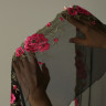 Вышивка розовые цветы на черной сетке 24.5 см, 1м (001-279-901) 