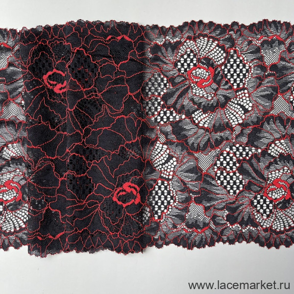 Черное эластичное кружево с красными цветами  23 см, 1м (001-281-201)  