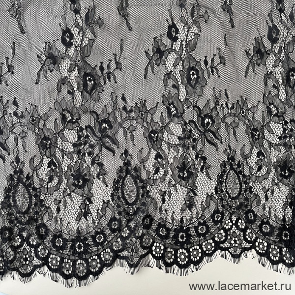 Кружевное полотно неэластичное с ресничками черное, ОТРЕЗ 2.8м х 73см (001-296-201)