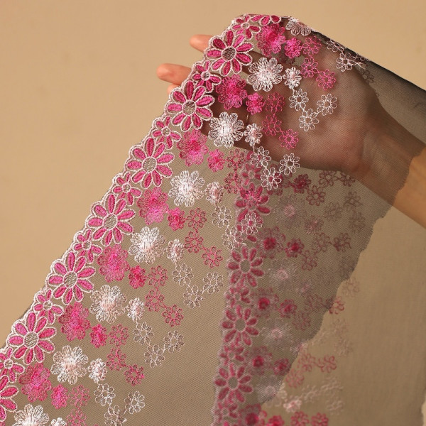 Кружево вышивка на черной сетке розовые цветы 20 см цв.494, 1 м (001-395-201)