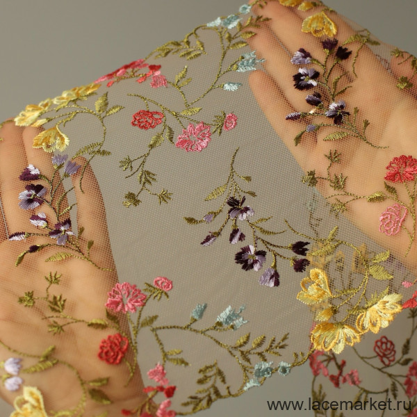 Темно-бежевая неэластичная сетка с вышивкой цветы 24 см, 1 м (Р001-271-225)