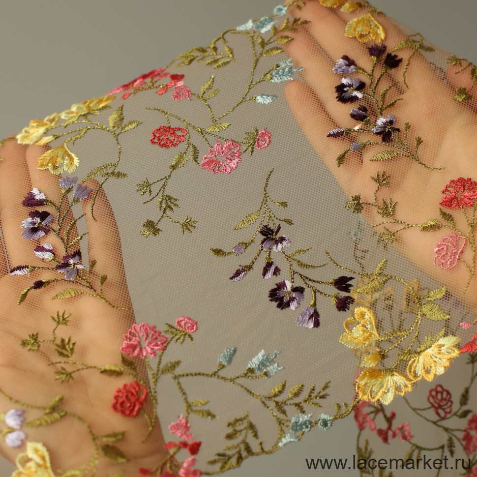 Темно-бежевая неэластичная сетка с вышивкой цветы 24 см, 1 м (Р001-271-225)