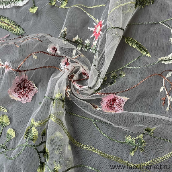 Ткань молочная сетка с цветочной вышивкой цв.802, 1 м (020-010-802)