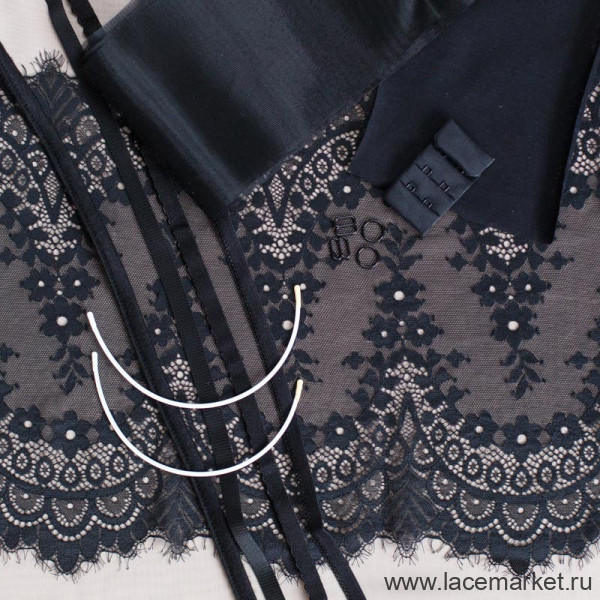 Набор для пошива нижнего белья черные реснички /лиф на кости(не входит в набор) + трусики (090-001-053)